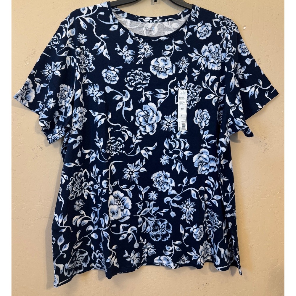 Croft & Barrow Classic Tee Women 3X Blue Floral Short Sleeve Cotton NEW
